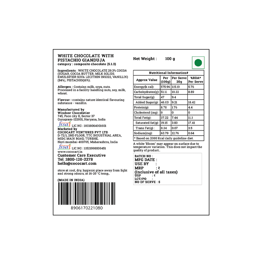 Back label of Rhine Valley White Chocolate with Pistachio Gianduja 100g, showcasing a luxurious indulgence. Contains ingredients, allergen information, nutritional values, storage instructions, manufacturer details, and contact information.