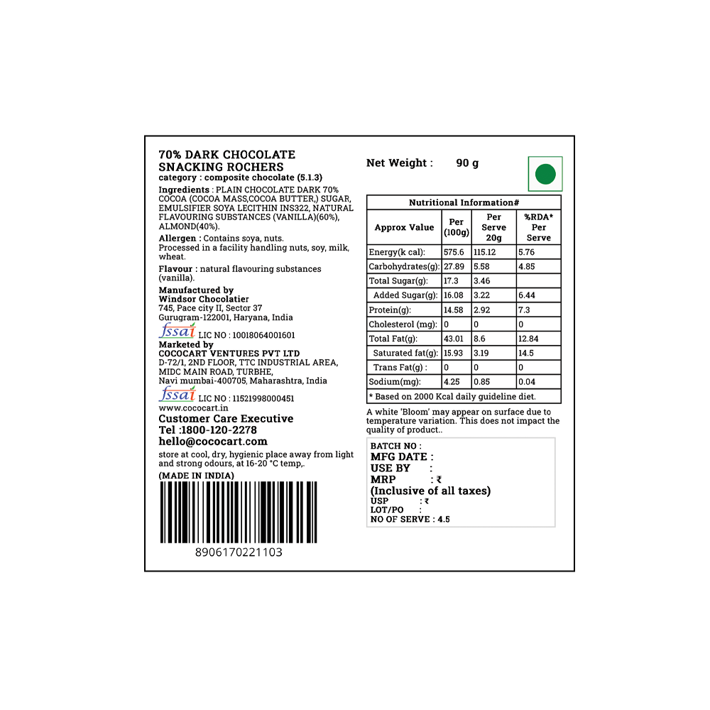 A product label of Rhine Valley 70% Dark Chocolate Snacking Rochers 90g. Includes ingredients, nutritional facts, manufacturer details, Country of Origin: India, expiry date, and instructions.