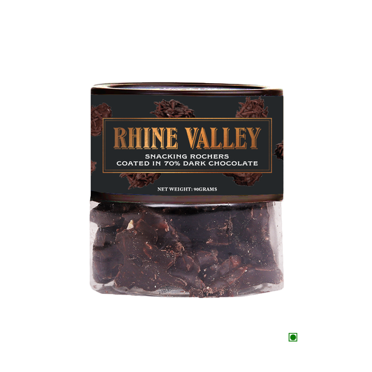 A jar of Rhine Valley 70% Dark Chocolate Snacking Rochers 90g, coated in 70% dark chocolate. Net weight: 90 grams.