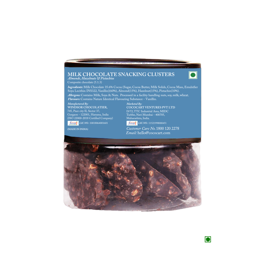 A jar of Rhine Valley Milk Chocolate Snacking Clusters 90g with an ingredients label and contact information displayed on the back. Proudly made in the Country of Origin: India.