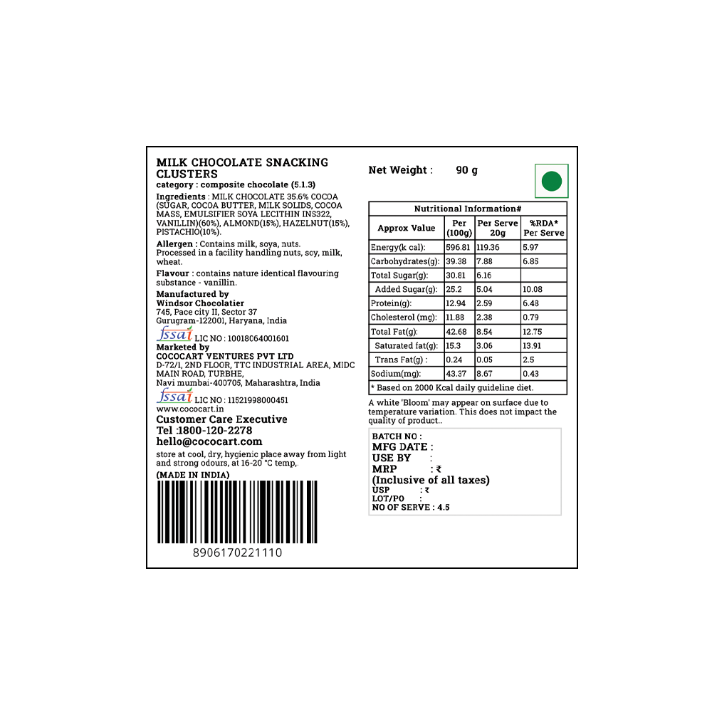 Label for Rhine Valley Milk Chocolate Snacking Clusters 90g showing ingredients, nutritional information, manufacturing details, weight (90g), Country of Origin - India, and a green vegetarian symbol.