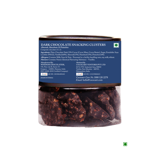 A jar of Rhine Valley Dark Chocolate Snacking Clusters 90g with a labeled blue lid, displaying ingredients and nutritional information on the front, including contact details for customer service in India.