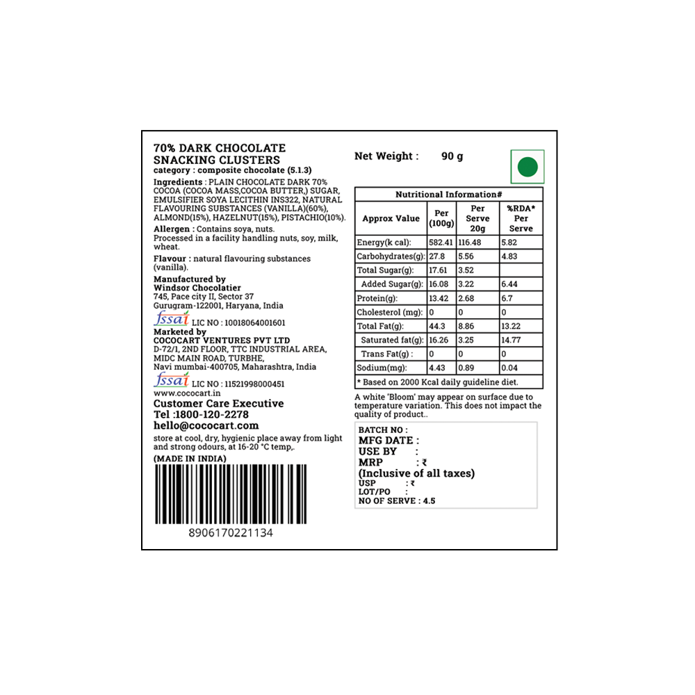 Back label of Rhine Valley 70% Dark Chocolate Snacking Clusters 90g showing nutritional information, ingredients, manufacturer details, price, weight (90g), storage instructions, customer care contact number, and Country of Origin: India.