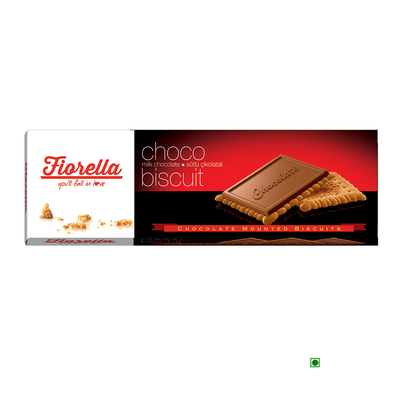 Packaging of Elvan Fiorella Milk Chocolate Mount Biscuits by Cococart India showing crispy milk chocolate biscuits with a slogan "you'll fall in love" and product description.
