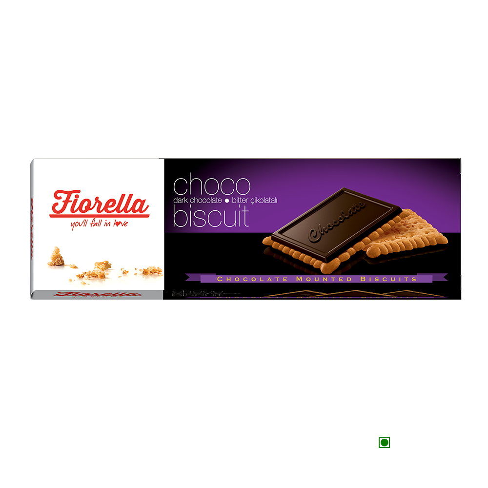 A packaging image of Elvan Fiorella Bitter Chocolate Mount Biscuit (Pack of 6) 408g, featuring dark chocolate cookies with a creamy filling against a purple background.