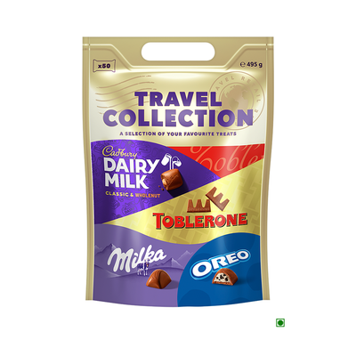 Packaging of the "Cadbury Dairy Milk Travel Collection Mix Bag 495g" chocolates in miniature format, featuring Cadbury Dairy Milk, Toblerone, Milka, and Oreo brands in a bag.