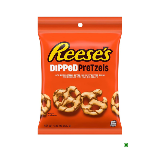 Package of Hershey Reese's Dipped Pretzels Milk Peanut Butter Cup Bag 240g, featuring bite-size pretzels dipped in peanut butter candy and drizzled with milk chocolate.
