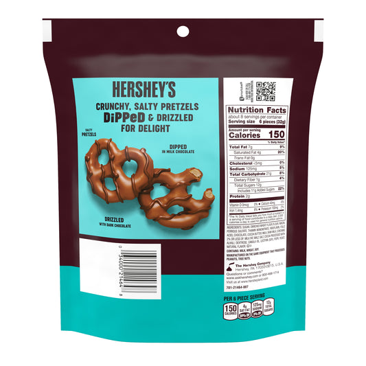 A 240g bag of Hershey's Dipped Pretzels Milk showcases the delectable HERSHEY'S milk chocolate coating, providing a delightful balance of sweet and salty flavors. Nutritional information is conveniently displayed on the side of the package.