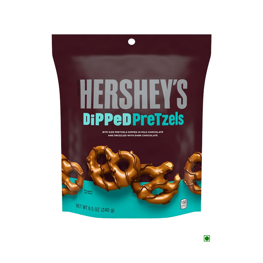 A bag of Hershey's Dipped Pretzels Milk, consisting of bite-sized pretzels coated in creamy milk chocolate and drizzled with Hershey's Special Dark Chocolate, weighs 240g (8.5 oz).