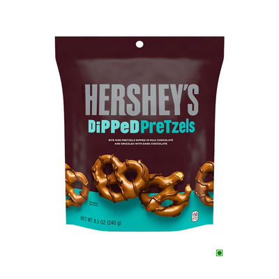 A package of Hershey Dipped Pretzels Milk bag 240g featuring pretzels dipped in dark chocolate, in an 8.5 oz turquoise and brown bag.