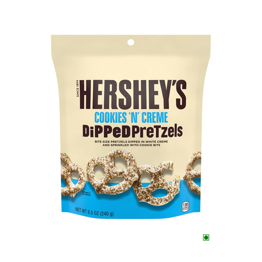 A 240g bag of Hershey's Dipped Pretzels Cookie N Cream features crunchy pretzels enveloped in smooth white creme with delightful cookie bits.