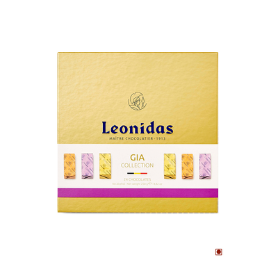 Box of Leonidas Gia Collection 24 pcs Gift Box 250g chocolates, featuring gianduja chocolate in varied wrappers, displayed on a gold and pink package.
