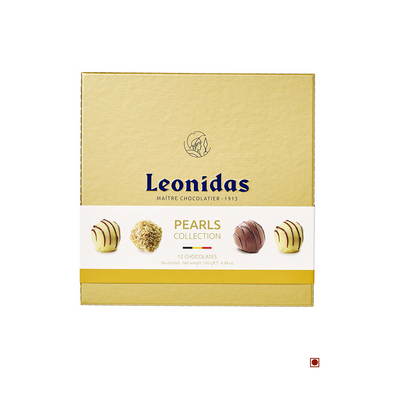 A box of Leonidas Pearls Collection 12pcs Gift Box 140g chocolates, featuring 12 pieces with images of three different chocolate shell designs on the front.