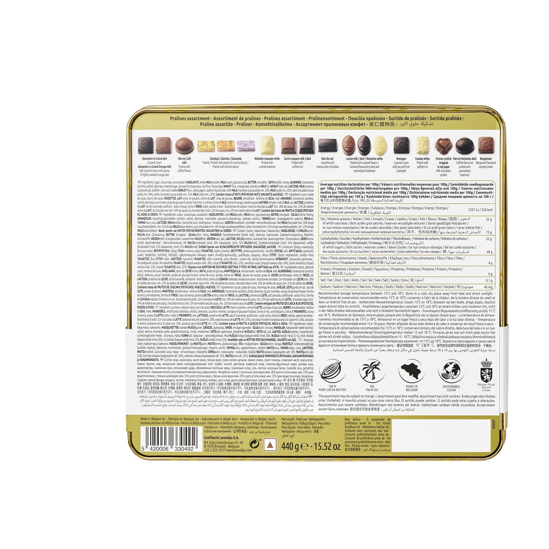 The back of the Leonidas Milk, Dark & White Heritage 33pcs Metal Gift Box provides detailed ingredient information and nutritional facts in multiple languages. The bottom row includes certifications, recycling symbols, and the net weight of 440g, highlighting the premium quality of Belgium Chocolate.