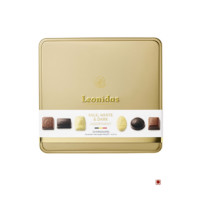 A gold-colored Leonidas branded chocolate gift box containing an assortment of Belgium milk, white, and dark chocolates from the Leonidas Milk, Dark & White Heritage 33pcs Metal Gift Box 440g, displayed in a horizontal row.