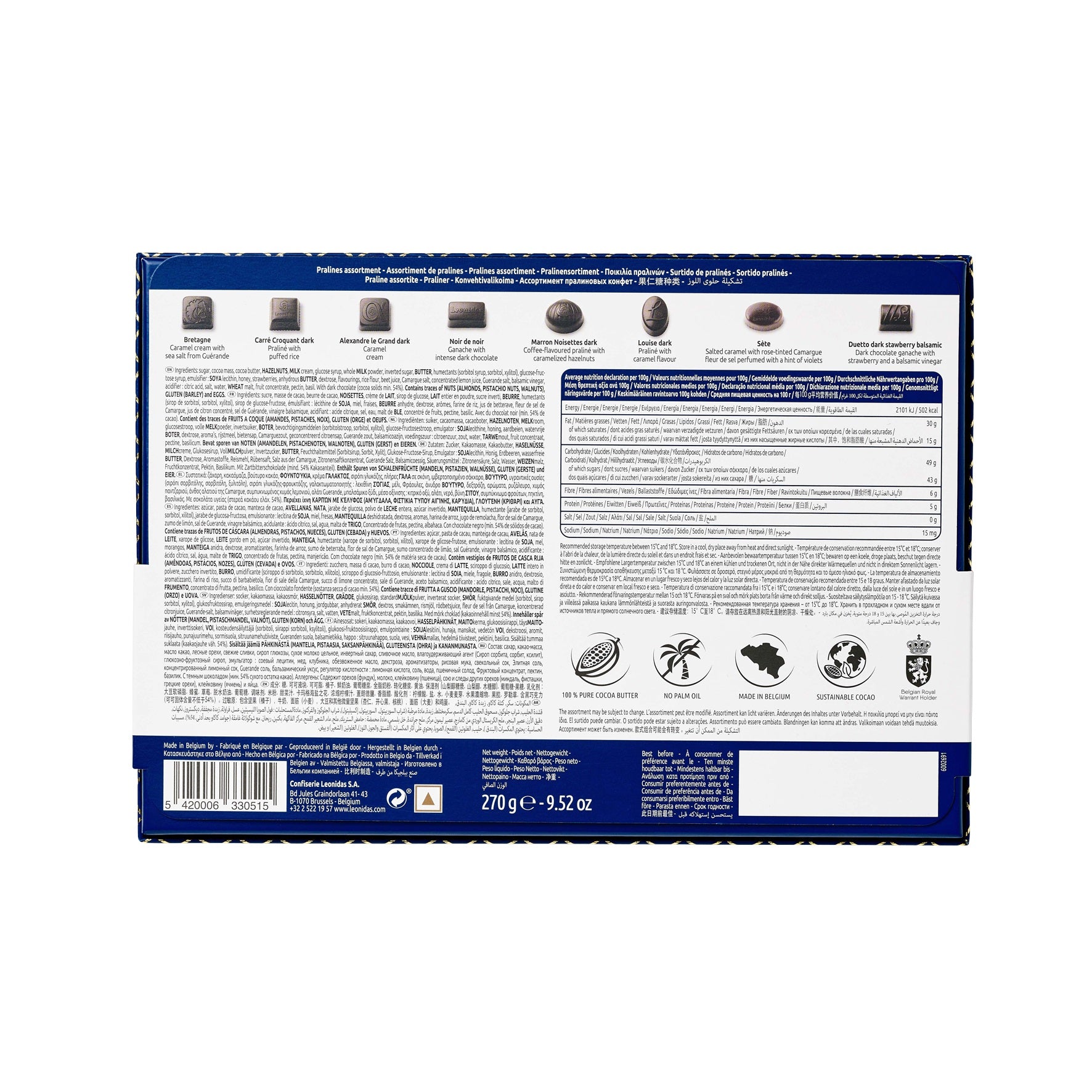 Back of a Leonidas Dark Heritage 20pcs Gift Box displaying various dark chocolates, detailed ingredient lists, the net weight of 270g (9.52 oz), and multiple languages.