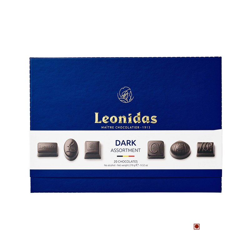 A gift box of Leonidas Dark Heritage 20pcs assortment with a blue cover, displaying 20 chocolates and the logo, labeled &