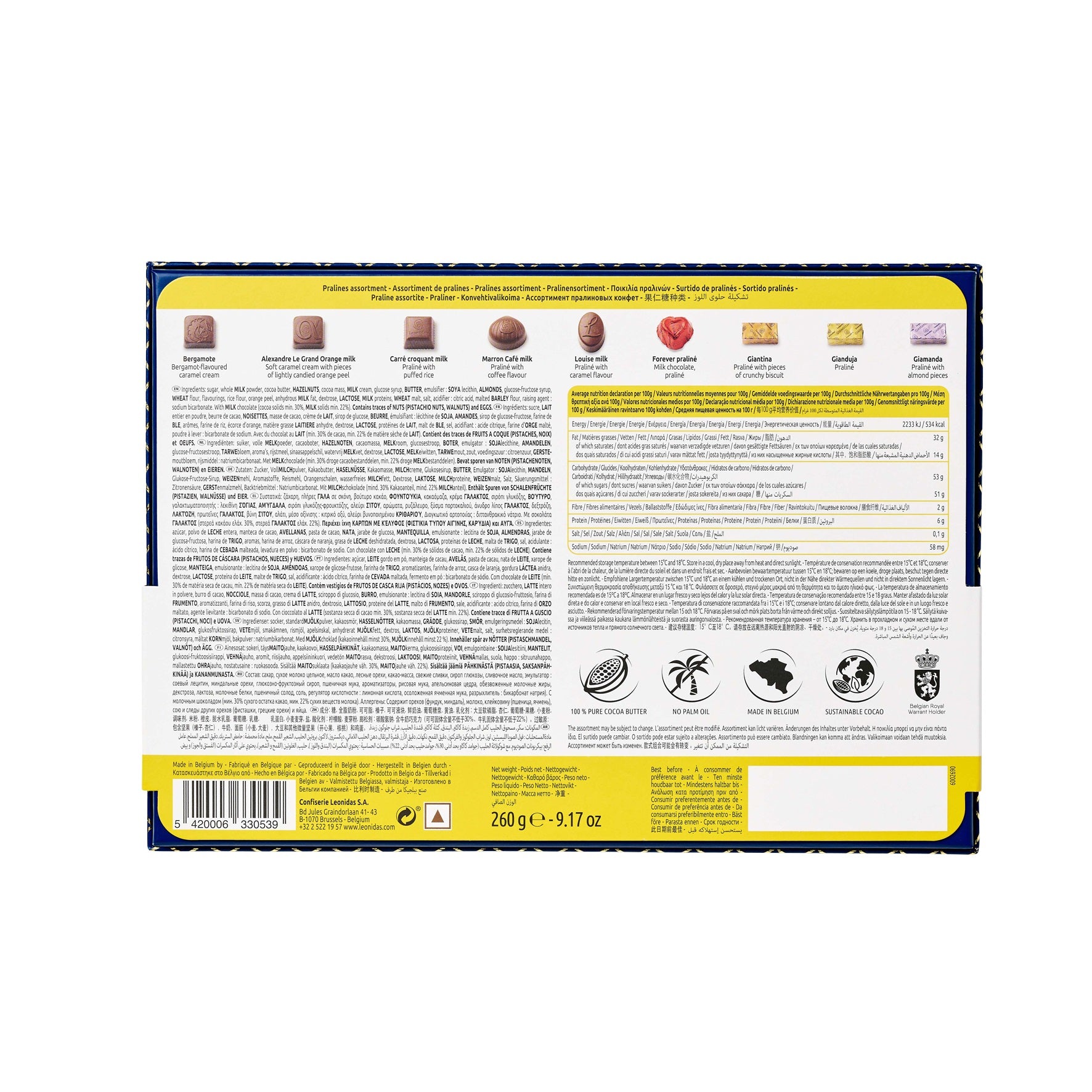 Back view of a Leonidas Milk Heritage 20pcs Gift Box 260g showing detailed product information for a 260g assortment, including ingredients, nutritional facts, allergen warnings, and manufacturer details in multiple languages.