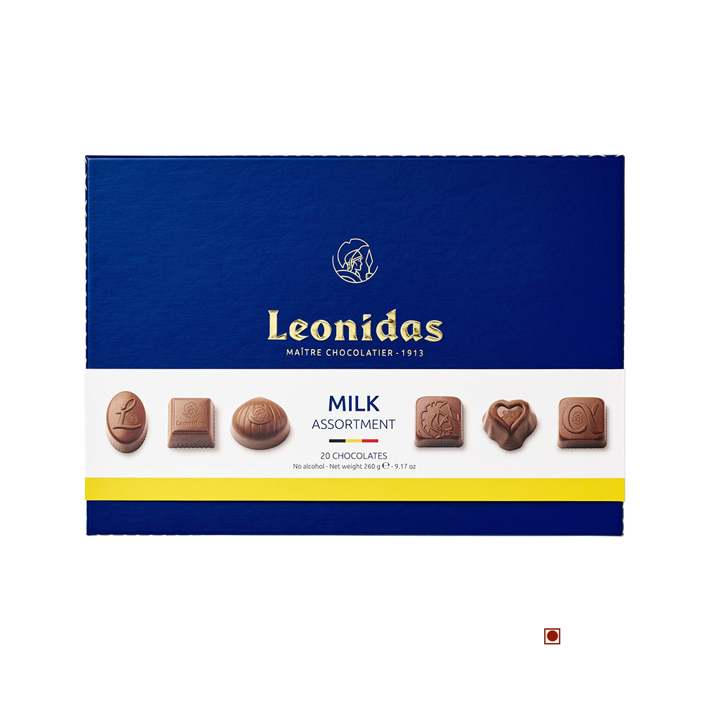 Box of Leonidas Milk Heritage 20pcs gift box 260g featuring various shapes and designs on the cover, against a blue background.