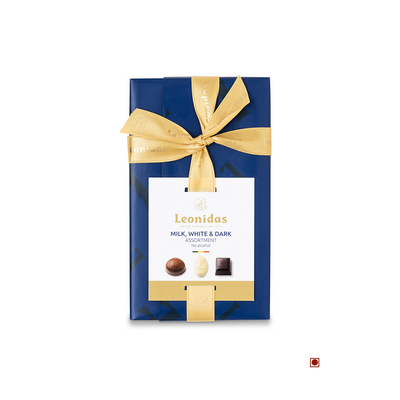 A Leonidas Milk, Dark & White Ballotin Mix 300g box, wrapped in blue paper with a gold ribbon, labeled "milk, white & dark assorted chocolates.