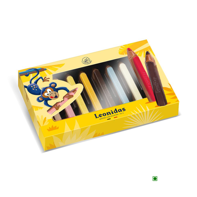 A box containing a set of Leonidas Chocolate 8 Pencils Gift Box 72g with a monkey on them, made from milk chocolate pencils.
