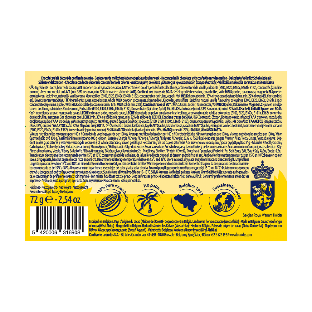 Back of a Leonidas Chocolate 8 Pencils Gift Box 72g packaging with product information, ingredients including cocoa butter, and recycling symbols in various languages, predominantly yellow background.