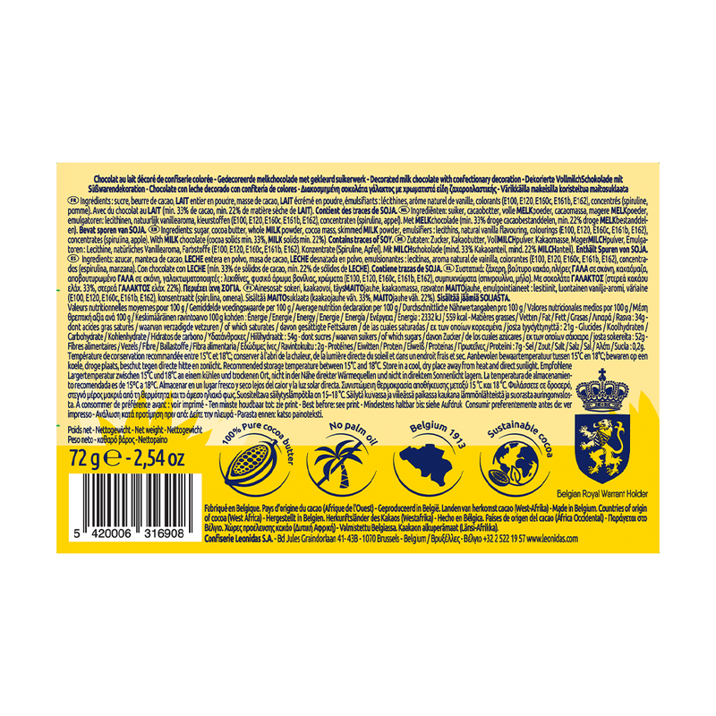 Back of a Leonidas Chocolate 8 Pencils Gift Box 72g packaging with product information, ingredients including cocoa butter, and recycling symbols in various languages, predominantly yellow background.