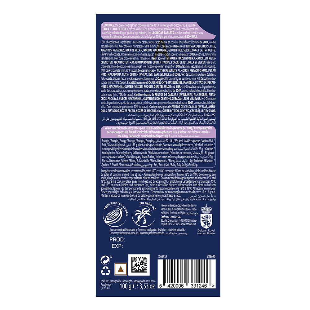 Back of a Leonidas dark chocolate product package featuring nutritional information, ingredients list including cocoa beans, and various certification logos, all printed in multiple languages and indicating its origin from Belgium.
