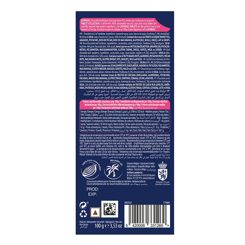 Back of a Leonidas product package with nutritional information, ingredients list in multiple languages, including details about the Belgian dark chocolate and cocoa beans used, and various certification symbols at the bottom.