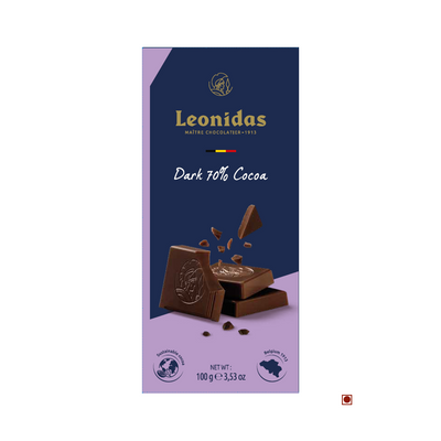 Leonidas Dark 70% Cocoa African Origins Bar 100g packaging featuring a stack of chocolate pieces and cocoa beans, with the label "dark 70% cocoa" and a net weight of 100g.