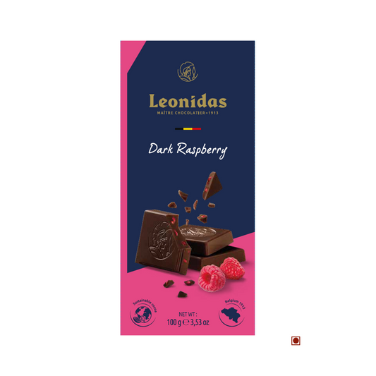 Packaging of Leonidas Dark 54% Raspberry Bar 100g, featuring a chocolate bar with raspberries and chocolate pieces, against a blue and pink background. Crafted in Belgium.
