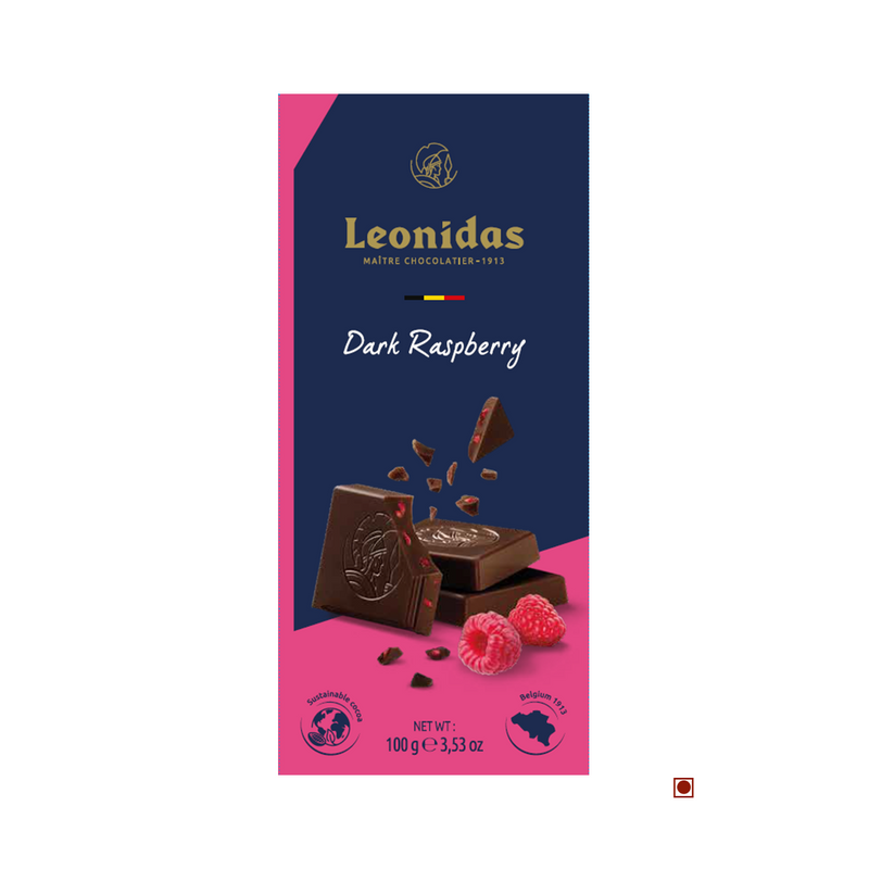 Packaging of Leonidas Dark 54% Raspberry Bar 100g, featuring a chocolate bar with raspberries and chocolate pieces, against a blue and pink background. Crafted in Belgium.