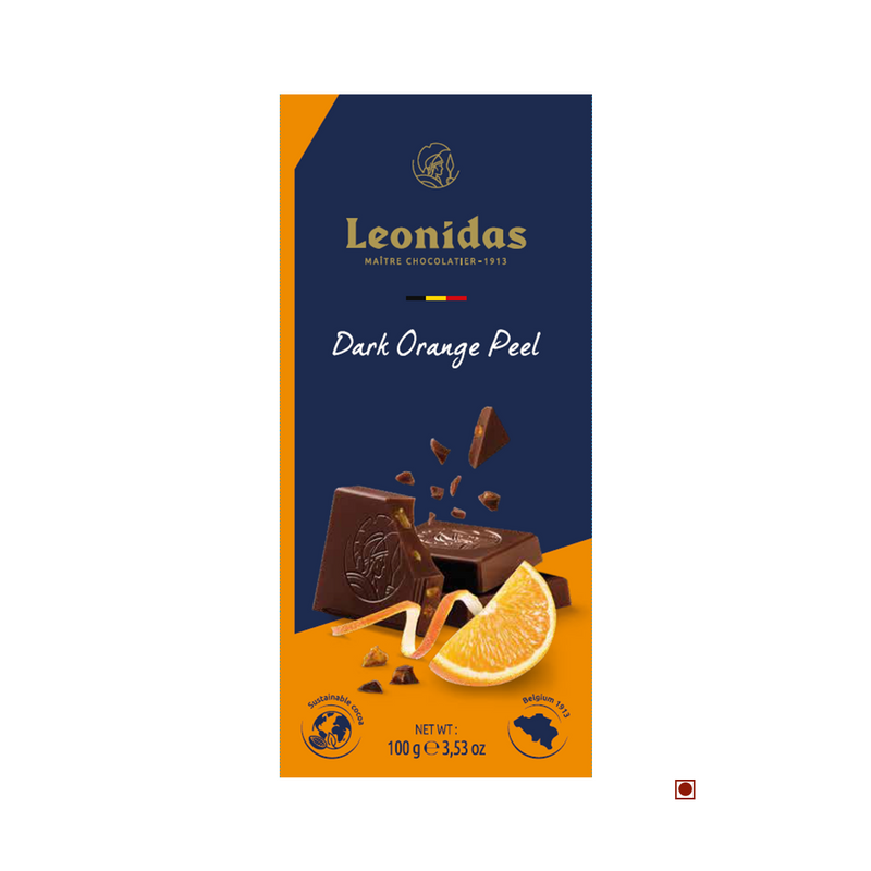 Leonidas Dark 54% Orange Bar 100g packaging, featuring chocolate pieces and orange slices against a blue and orange background.