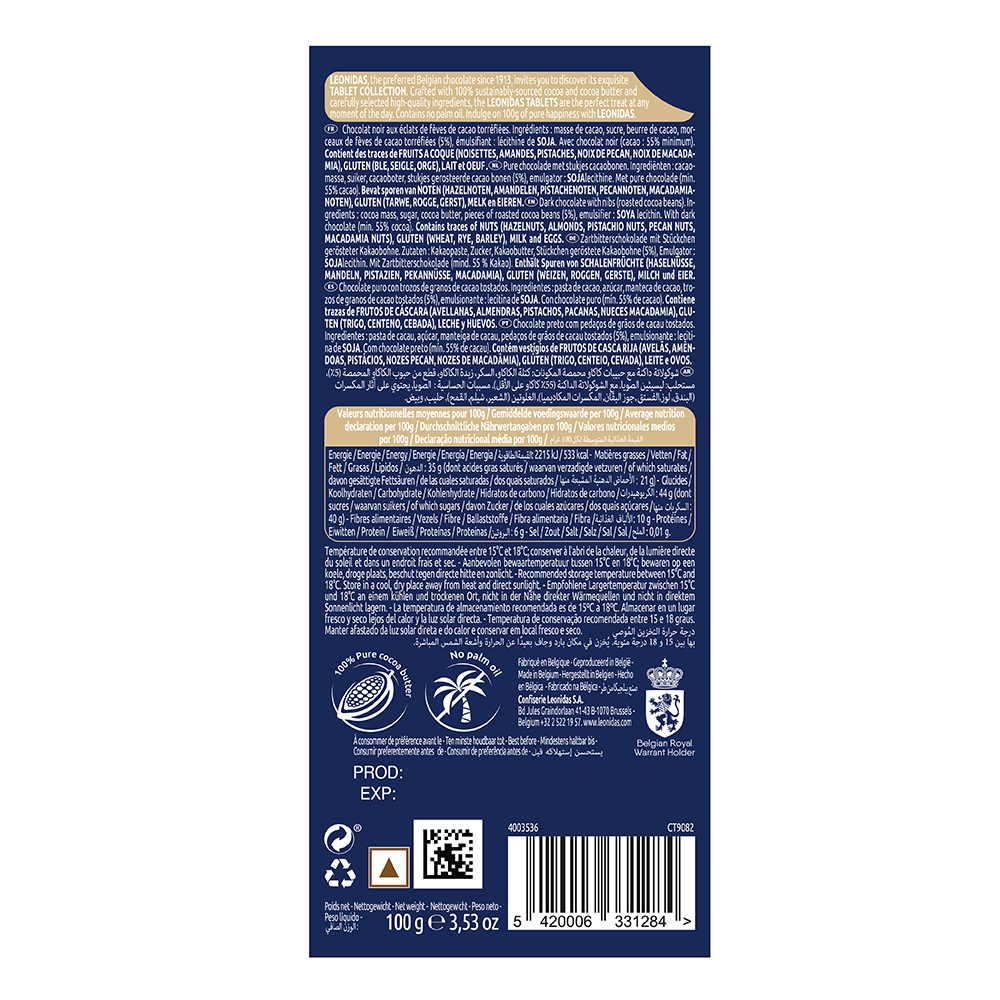 Back of a Leonidas Dark 54% Nibs Roasted Cocoa Beans Bar 100g package featuring nutritional information, ingredients list, barcodes, and certification logos. Now includes a prominent display of originating from Belgium and made with premium dark chocolate.