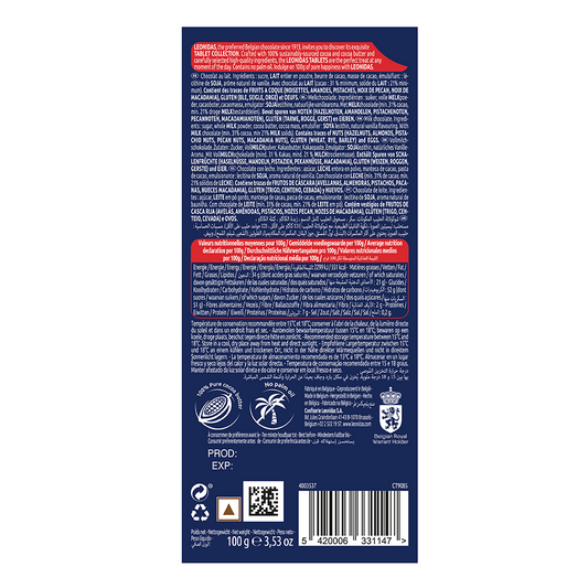 Back of a Leonidas product package from Belgium with detailed nutritional information, ingredients list, and barcodes in a blue and white color scheme.