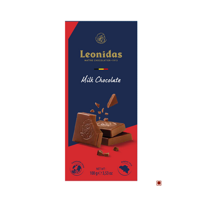 A Leonidas milk 30% cocoa African origins bar with broken pieces and scattered cocoa beans, displayed on a blue and red package, proudly made in Belgium.