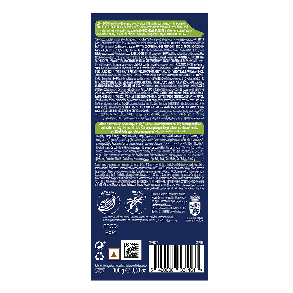 Back of a Leonidas Milk 30% Hazelnuts Bar 100g packaging showing nutritional information, ingredient list with milk chocolate, and barcodes in multiple languages.