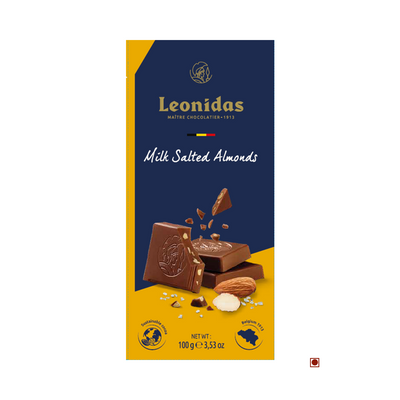 Advertisement for Leonidas Milk Almonds & Salted Bar 100g, featuring a chocolate bar with almond pieces, and award icons, on a blue and gold background.