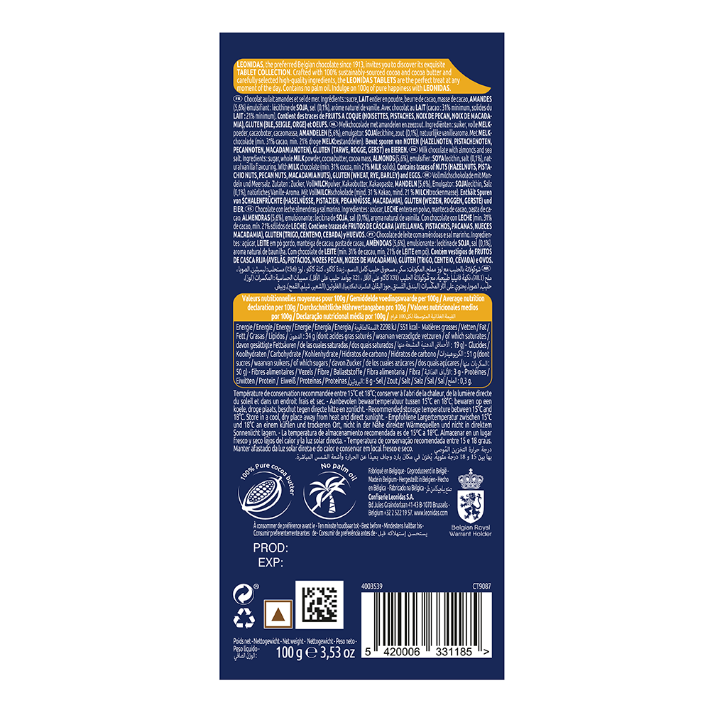 Back view of a packaged Leonidas Milk Almonds & Salted Bar 100g, displaying nutritional information, ingredients, and certification logos against a blue background. The product contains milk chocolate and sea salt.