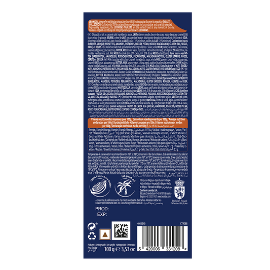 Back of a Leonidas packaging showing nutritional information, barcodes, and various certification logos in multiple languages for Belgium milk chocolate.