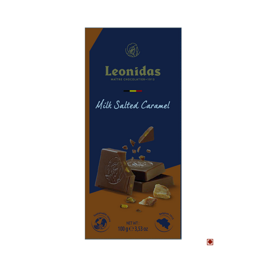 Leonidas Milk 30% Salted Caramel Isigny Butter Bar 100g packaging, featuring images of chocolate pieces and caramel on a dark blue and gold background.