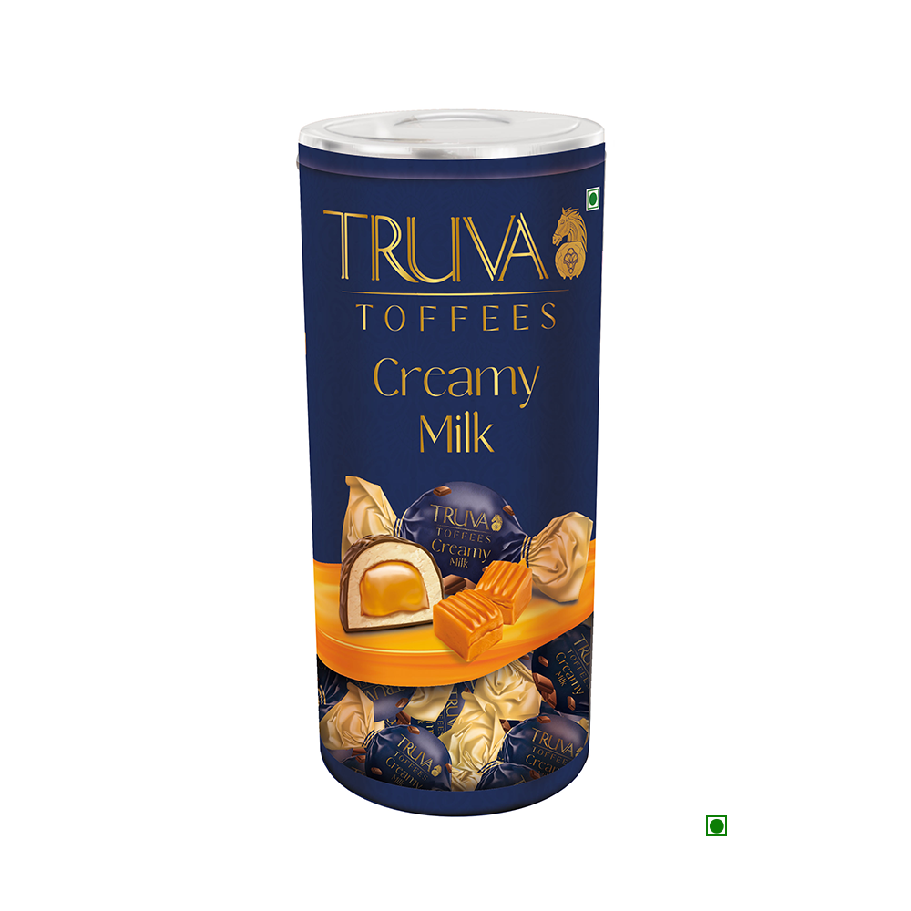 A cylindrical container of Truva Milky Fondant Jar 400g, adorned with a blue label featuring an illustration of creamy milk toffees and the text "Creamy Milk," embodies a high-class luxurious design, making it an ideal gift that seamlessly blends elegance with indulgence.