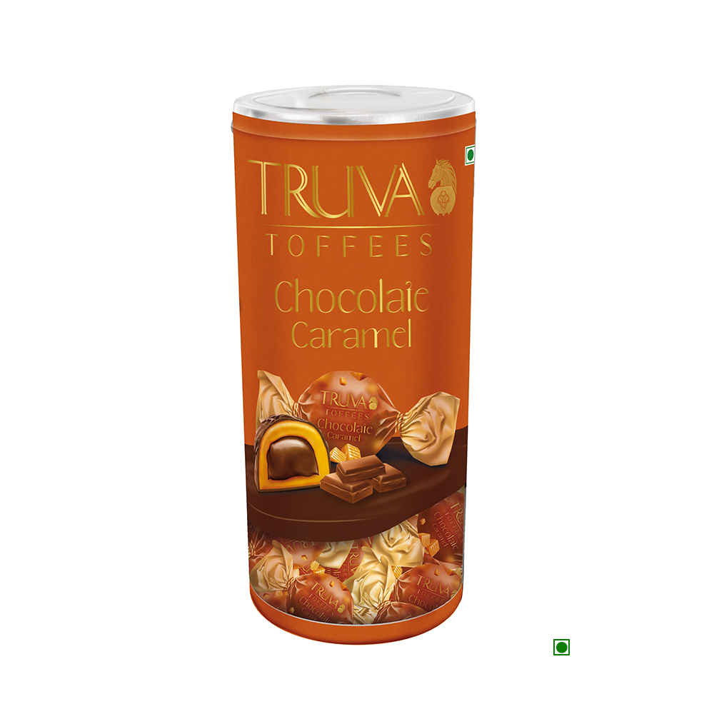 Truva Caramel Toffee Jar 400g features a collection of decadent dessert-inspired caramel chocolate toffees from Turkey, beautifully presented in an orange cylindrical container adorned with images of sumptuous toffees and chocolates, providing a delightful chocolate and caramel flavor experience.