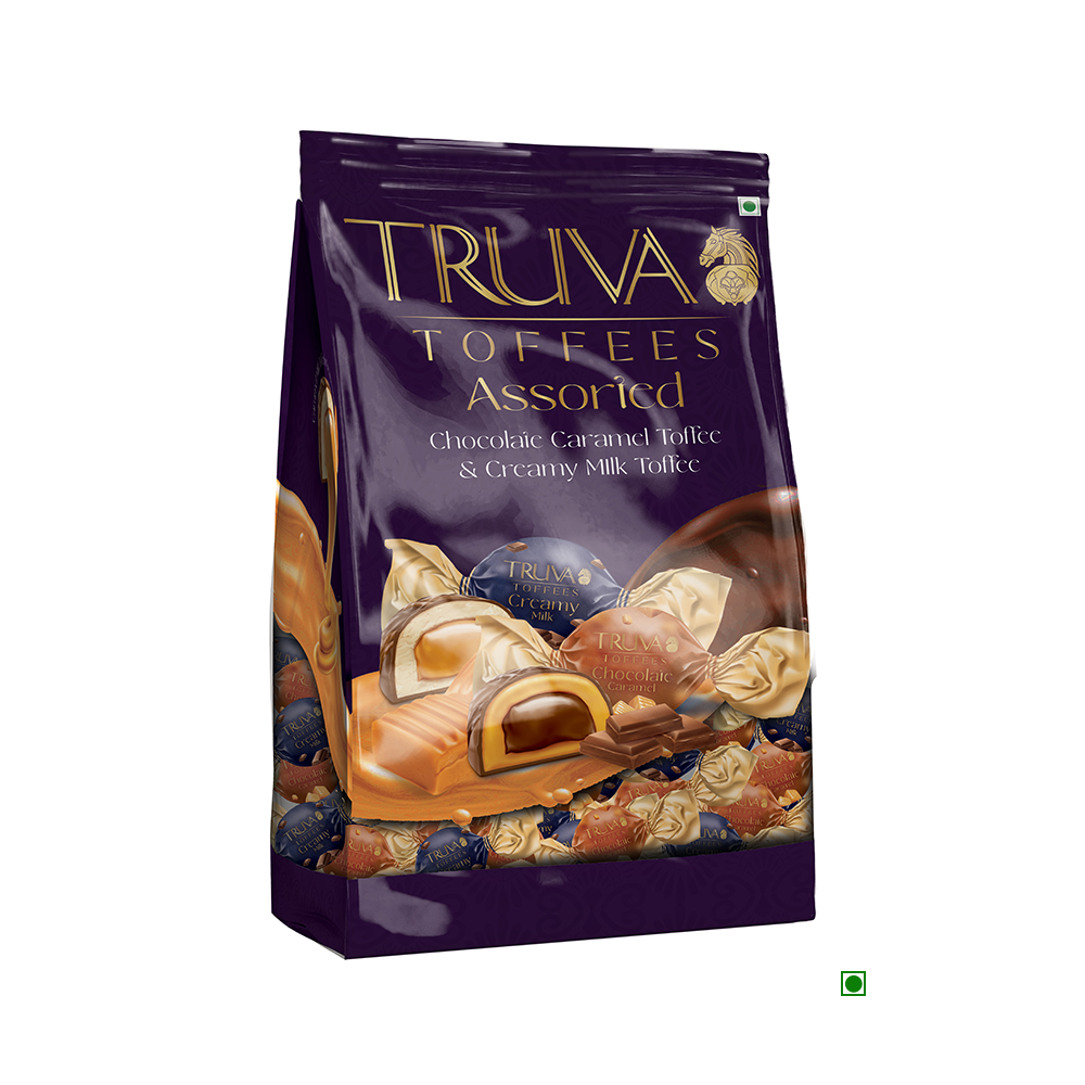 A 500g Truva Mix Fondante Bag featuring chocolate caramel, creamy milk toffee, and a delightful crisped rice crunch.