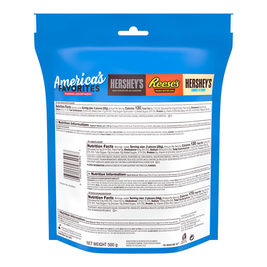 The back of the Hershey's Sharing Assorted Bag, featuring nutrition facts for REESE'S, Hershey's Kisses, and Hershey's Nuggets, showcases a blue packaging with the "America's Favorites" branding. The net weight of this Snack Size Assortment is 500g.