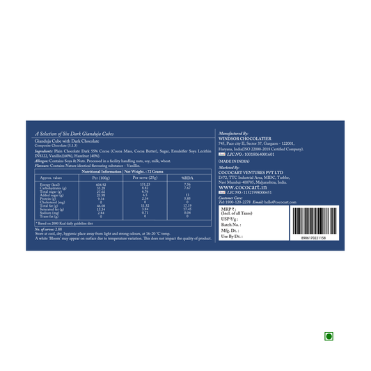 The blue product label for Rhine Valley Gianduja Cubes Dark (6 Pcs) 72g features nutritional information, an ingredients list, and contact details for the brand. It proudly displays India as the Country of Origin and includes a barcode along with several certifications.