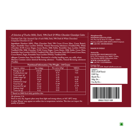 Label for Rhine Valley Gianduja Cubes 12 Pcs Assorted, detailing nutritional information and ingredients for a selection of milk, dark, white, and extra dark chocolate varieties. Expertly made in India, the product's origin emphasizes our commitment to quality in every delicious bite.