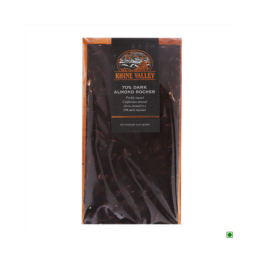 A packaged bar of Rhine Valley 70% Dark Almond Rocher 100g, perfect for chocolate enthusiasts.