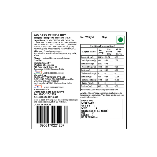 Nutritional information label for Rhine Valley 70% Dark Fruit & Nut 100g with fruit, Californian almonds, and pistachios; includes ingredients, manufacturer details, and customer care contact on a white background. A green dot indicates a vegetarian product.