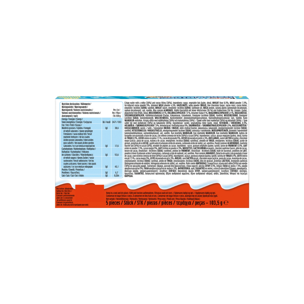 The image displays the nutritional information and ingredients for Kinder Happy Hippo T5 103.50g, emphasizing its delicious hazelnut cream filling.